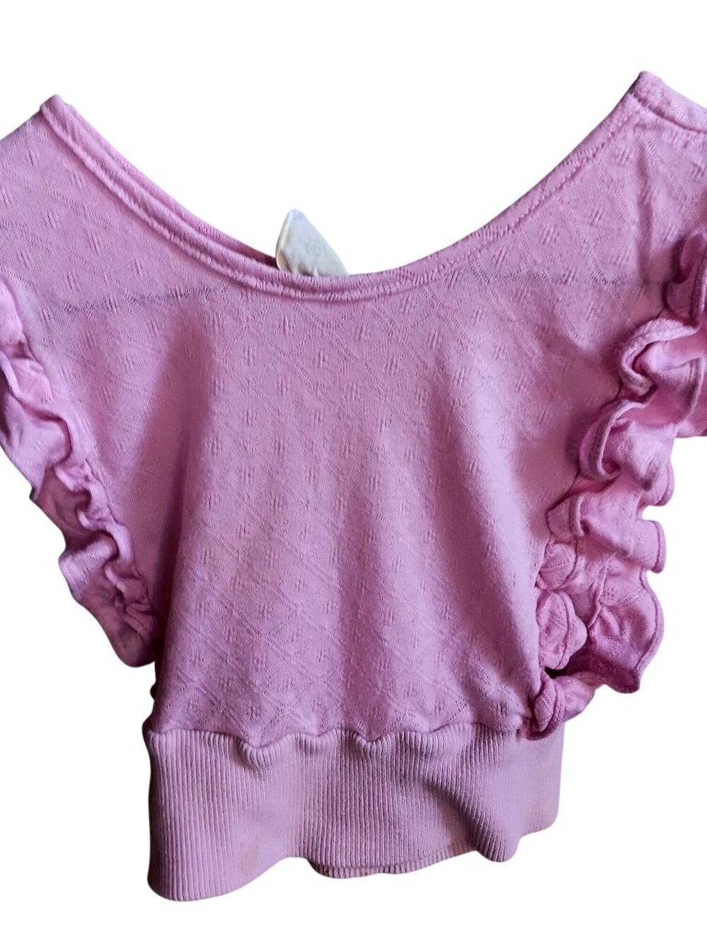 True Vintage Crop Top Girls 12 1970's Pink Ruffled Knit Textured Diamond Pattern